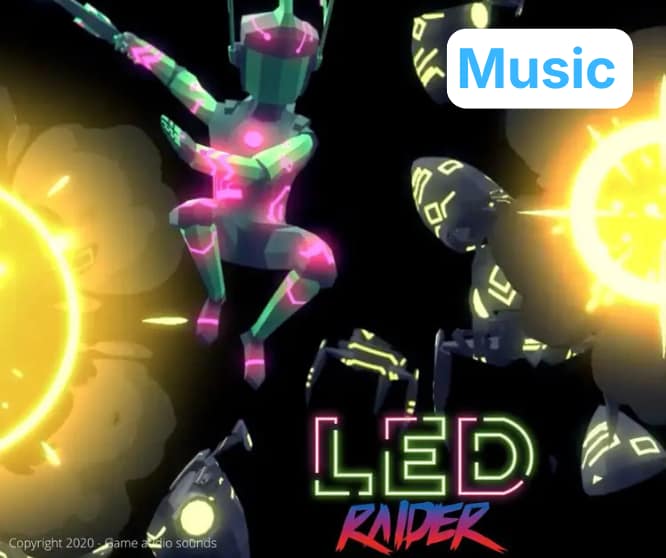 Screenshot de Led Raider apresentando uma cena do jogo com música original composta para o projeto.